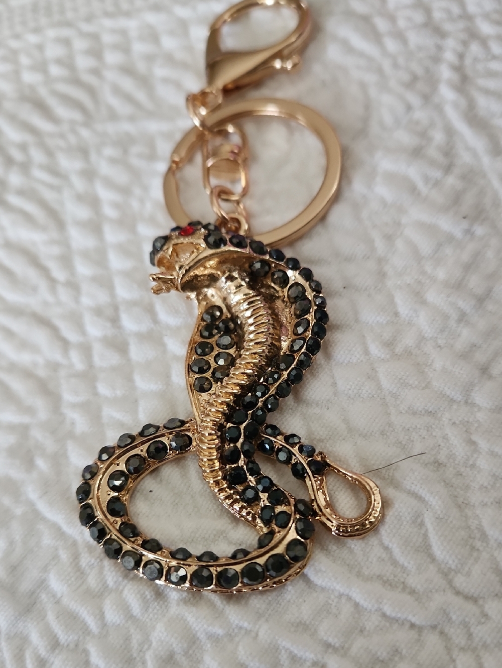 Key Chain Or Purse Charm Gold Cobra with Black Stone